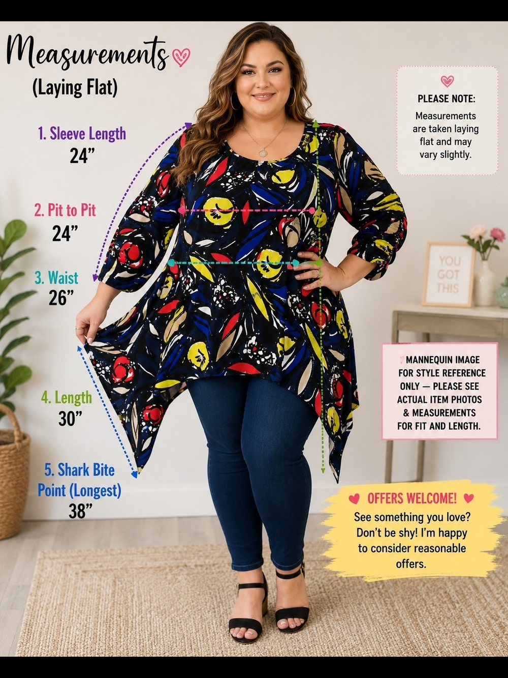 PREMISE Plus Size 3X Abstract Print Shark Bite Hem Tunic Top Gathered Sleeve
